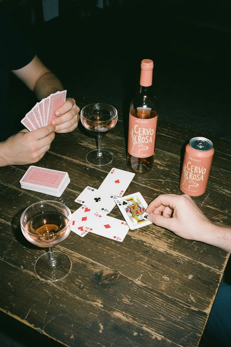 A card game, with Cervo Rosa wine placed on the table.