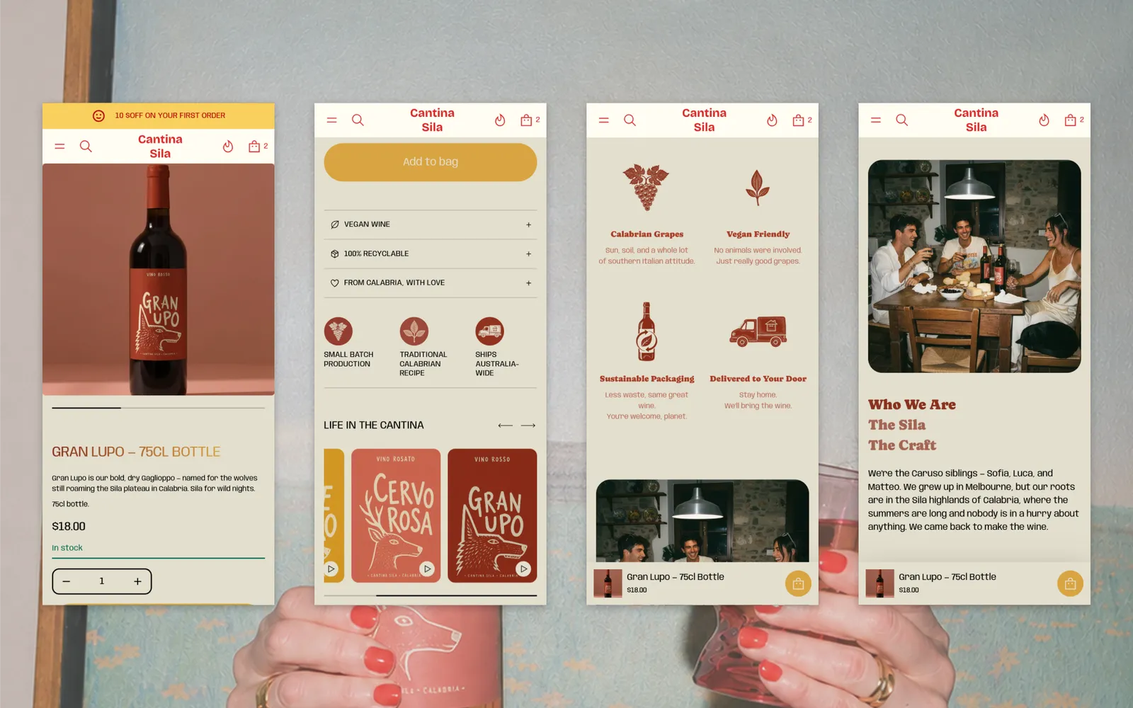 Screenshot of Sila Wines mobile screens