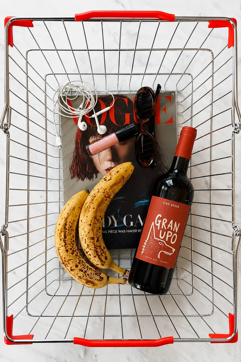 A shopping basket featuring Gran Lupo, a mockup wine used in the Sila store, image used for E-commerce link