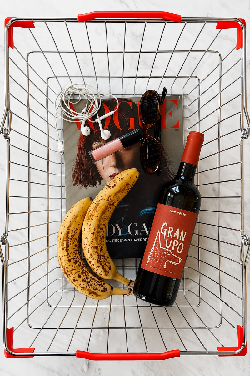 A shopping basket featuring Gran Lupo, a mockup wine used in the Sila store, image used for E-commerce link