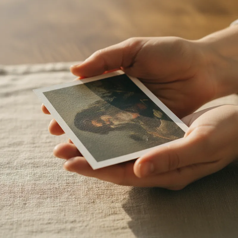 hands holding a small postcard print
