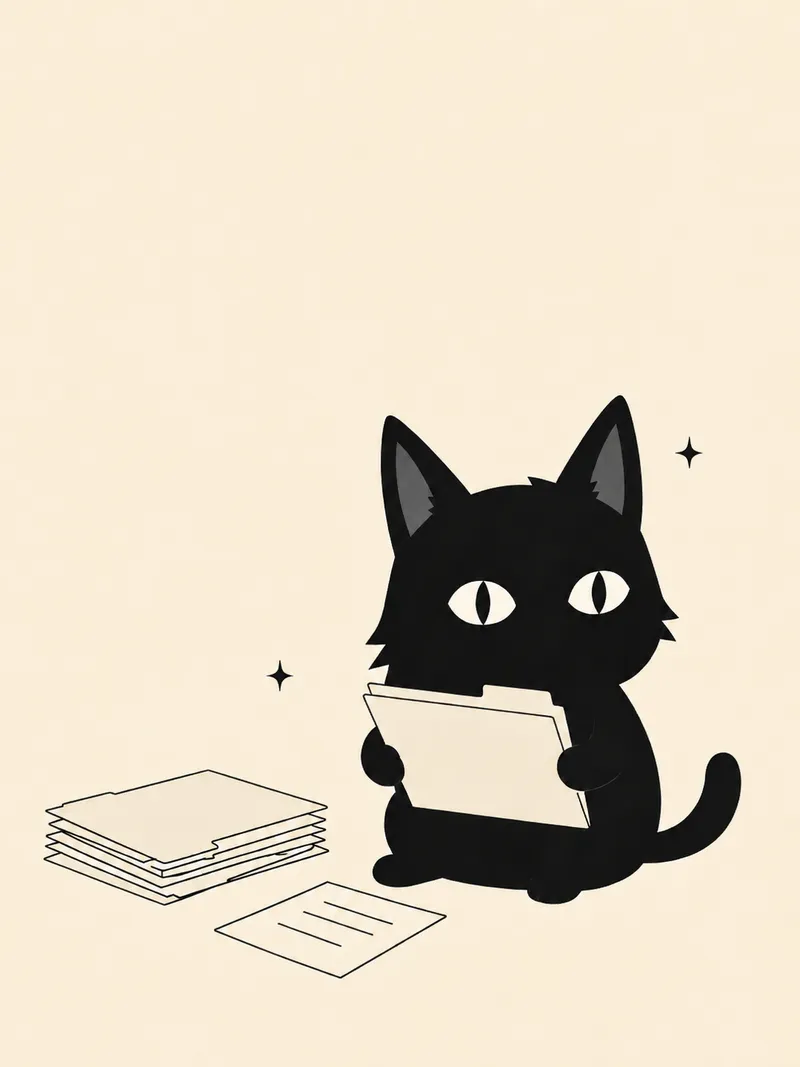 Zero the black cat holding a file