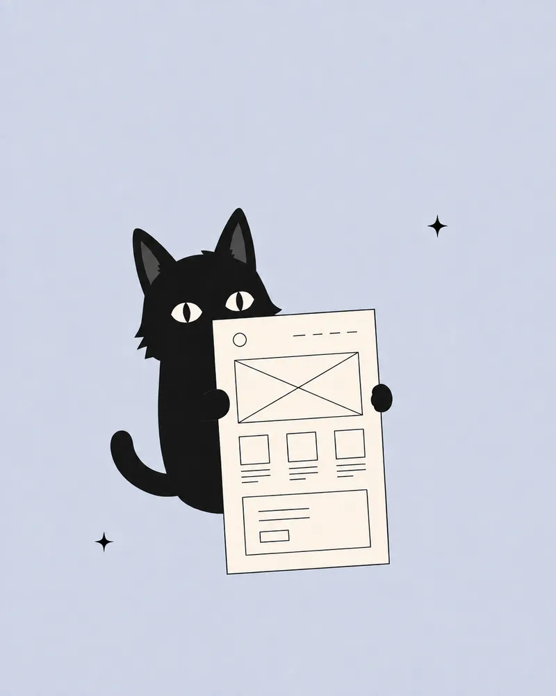 Zero the black cat holding a piece of paper with a website wireframe drawn on it